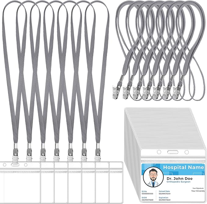 Marspark 50 Sets Clear Name Tags with Lanyard, Lanyards for ID Badges Reusable Strap with ID Holder Plastic Name Badges for Adults Business School Church Conference (Gray)