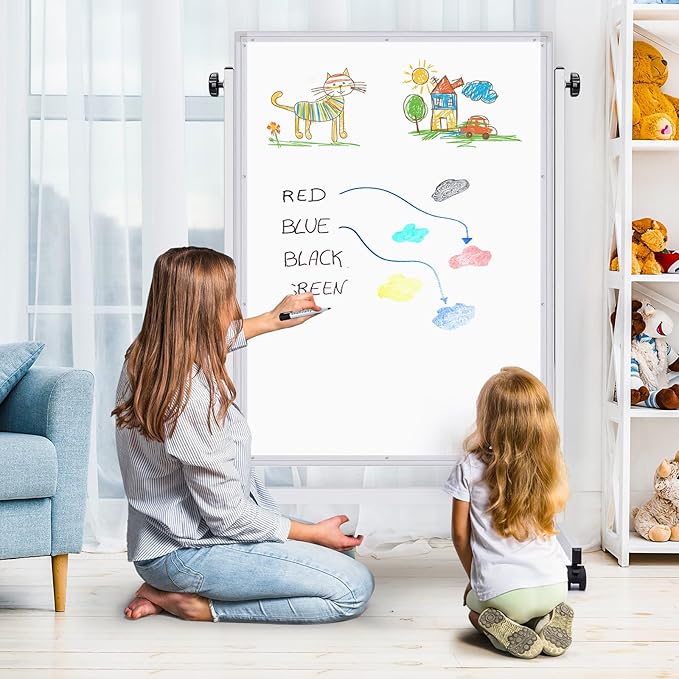 maxtek Rolling White Board, 44 x 28 Height Adjustable Whiteboard on Wheels, Large Magnetic Standing Mobile Easel Board, Double-Sided with Stand for Office, Home, and Classroom