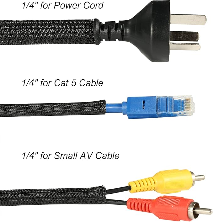 CrocSee 10ft - 1/4 inch Braided Cable Management Sleeve Cord Protector - Self-Wrapping Split Wire Loom for TV/Computer/Home Theater/Engine Bay - Black