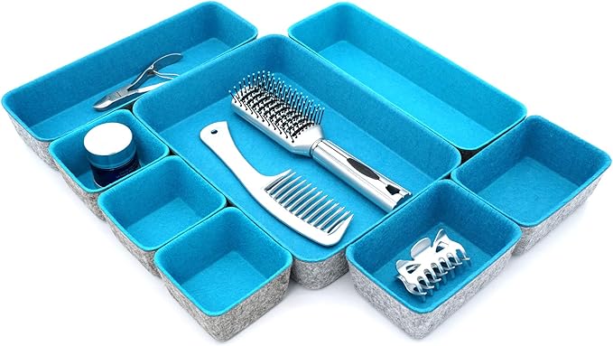 Welaxy desk drawer organizer tray felt storage bin for home office entryway catchall key holder makeup crafts pens decluttering 8-piece gift Solution (Turquoise)