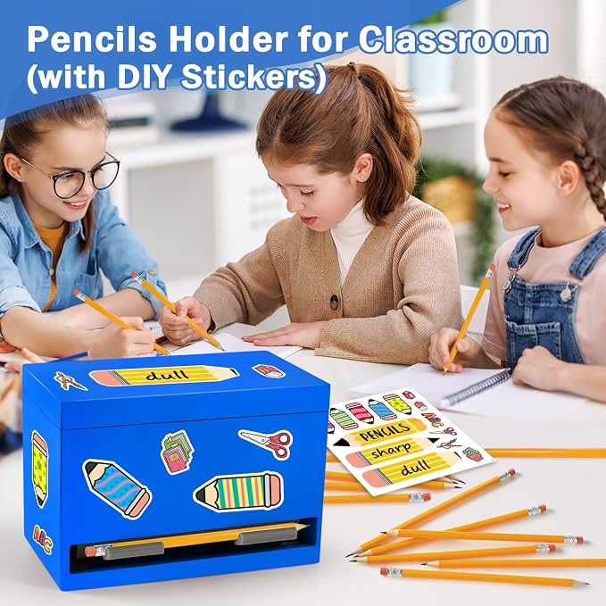 YEGEER Pencil Dispenser for Classroom, Wooden Pencil Holder, Classroom Teacher Must Have, Pencils Straws Organization & Storage for Classroom Office Kitchen Restaurant (blue)