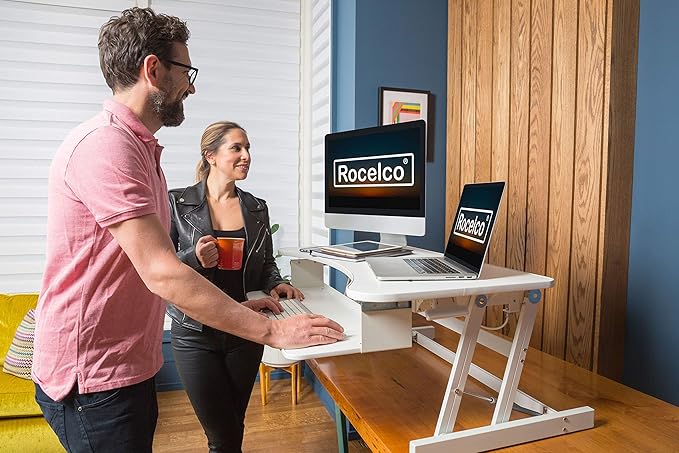 Rocelco 37.5" Deluxe Height Adjustable Standing Desk Converter with Anti Fatigue Mat BUNDLE - Quick Sit Stand Up Computer Workstation Riser - Large Retractable Keyboard Tray - White (R DADRW-MAFM)