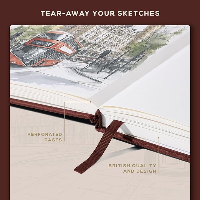 Beechmore Books A3 Sketchbook – 11.7x16.5 Premium Vegan Leather Bound Large Sketch Book Hardcover with 160 Thick 160gsm Perforated Ivory Pages, Blank Sketch Pad Gift Boxed Back Pocket Ribbon Bookmark