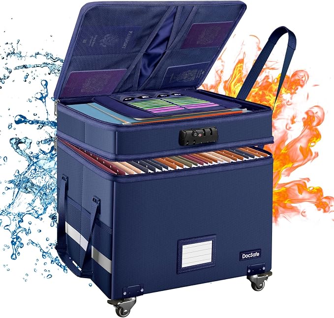 DocSafe File Box with Lock, 2-Layer Fireproof Document Box with Wheels,Collapsible File Storage Organizer with Pockets,Large Portable Office Filing Cabinet Hanging Folders,Blue,16''x13.8''x12.2''