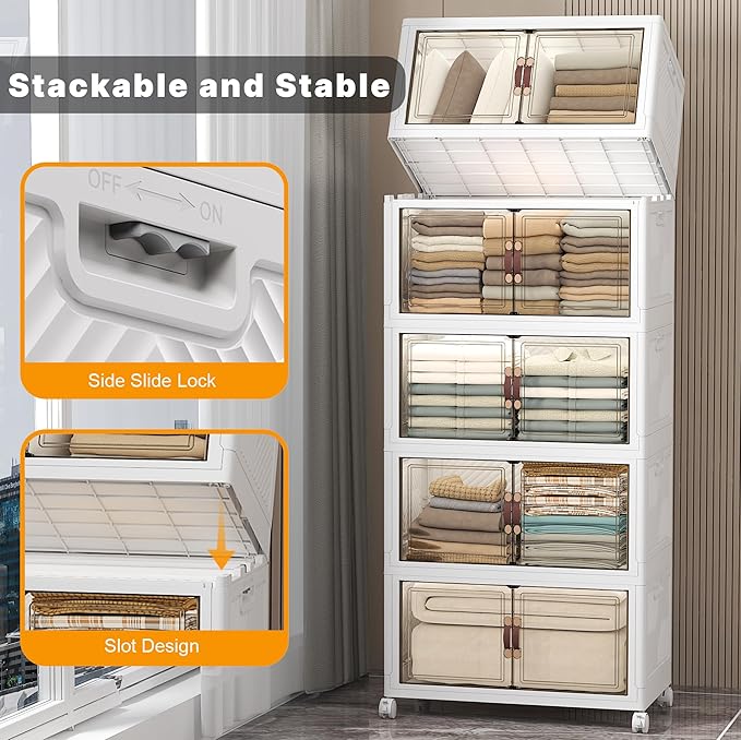 UAMFURI Extra Large Stackable Storage Bins with Lids & Wheels & Door, 560QT-112QT/28GAL*5Pack Foldable Collapsible Closet Organizers, Plastic containers drawers for bedroom Dorm