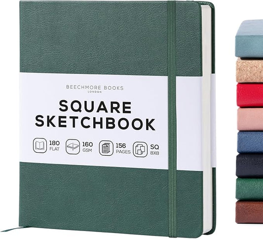 Beechmore Books Square Sketchbook – 8x8 Premium Vegan Leather Bound Large Sketch Book Hardcover with 156 Thick 160gsm Perforated Ivory Pages, Blank Sketch Pad, Gift Boxed Back Pocket, Ribbon Bookmark