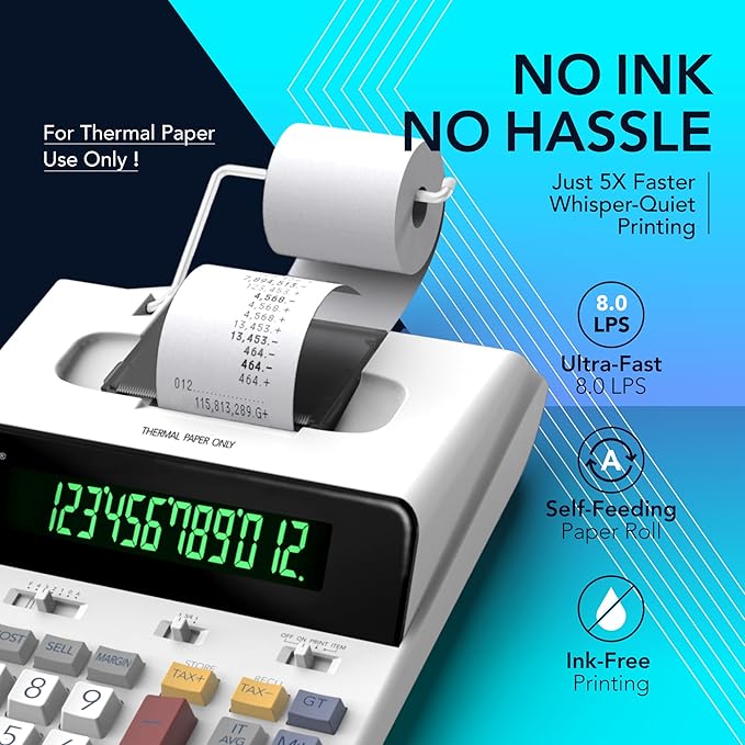 CATIGA 12 Digit Thermal Printing Calculator with Tape Print Out, Ink-Free Adding Machine, 3X Faster Quite at 8.0 LPS, Extra Large Fluorescent Display, Tax Calculation with Clock and Calendar, SP-2401