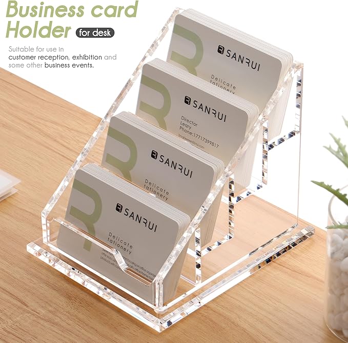 YUXUN Business Card Holder for Desk Clear Acrylic Business Cards Display Stand Name Card Holder Case Organizes 200 Cards-4 Slot 4 Tier 1 Pack(4 slot-H)