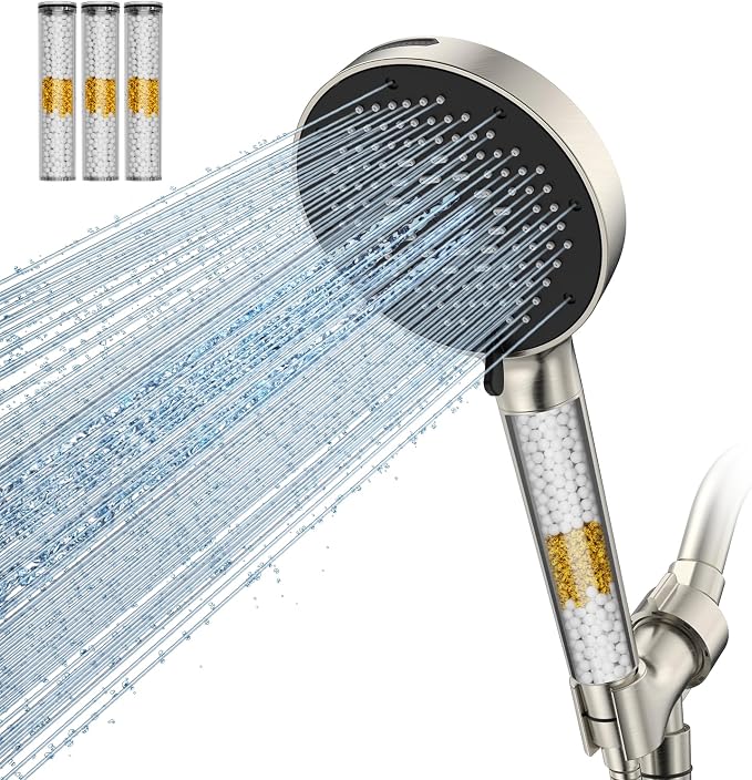 SR SUN RISE NSF Certified Filtered Shower Head with Handheld for Hard Water to Remove Chlorine High Pressure 9-Spray Setting (with Power Wash) Anti-Clog Nozzles (4 Filters, Brushed Nickel)