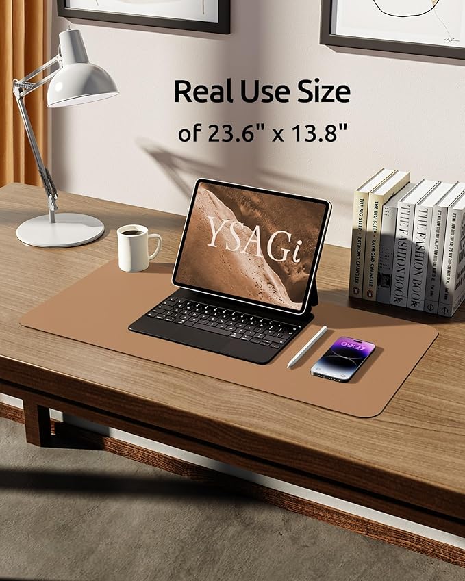 YSAGi Leather Desk Pad Protector, Office Mat, Large Mouse Pad, Non-Slip PU Blotter, Laptop Waterproof Writing for and Home (23.6" x 13.8", Khaki)