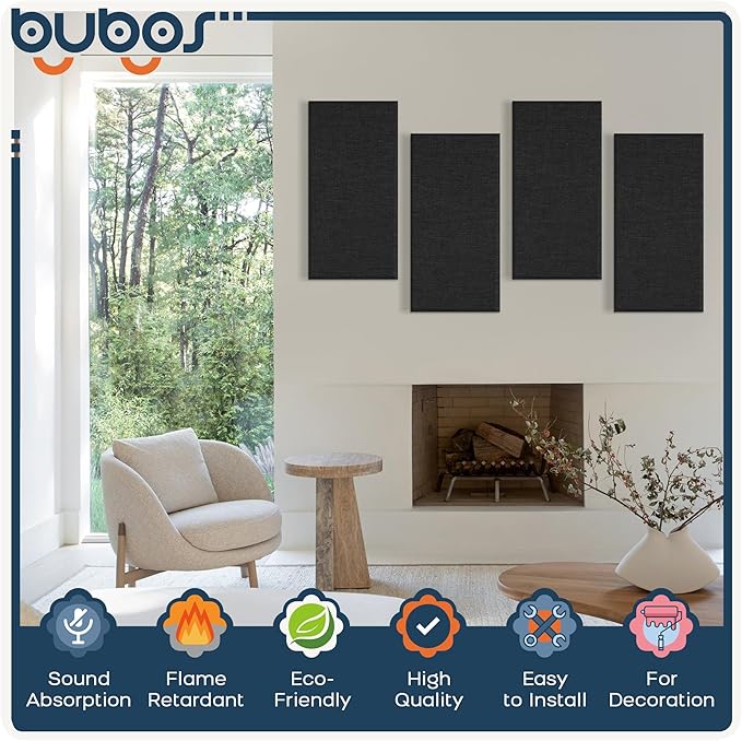 BUBOS 4 PCS Acoustic Panels,23.6''x11.8''Fabric Soundproof Wall Panels,Self-adhesive Sound Absorbing Panels for Studios, Office, Home Theater,Fabric-Clad Matte Black