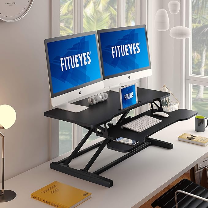 FITUEYES Height Adjustable Standing Desk 36” Wide Sit to Stand Converter Stand Up Desk Tabletop Workstation for Dual Monitor Riser FSD309101WB