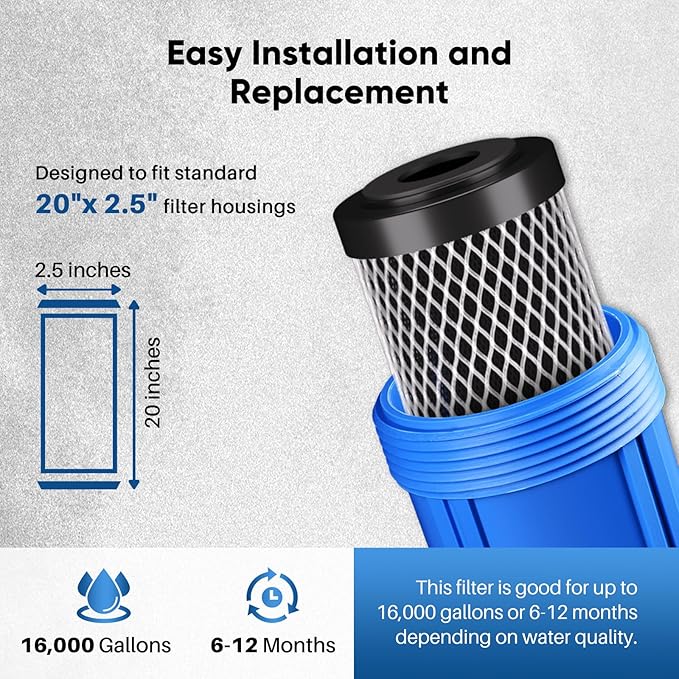 PUREPLUS 5 Micron 20" x 2.5" Whole House CTO Carbon Sediment Water Filter Cartridge Compatible with C1-20, EP-20, HX-CB-25-2010, F3WCB32, Pack of 1