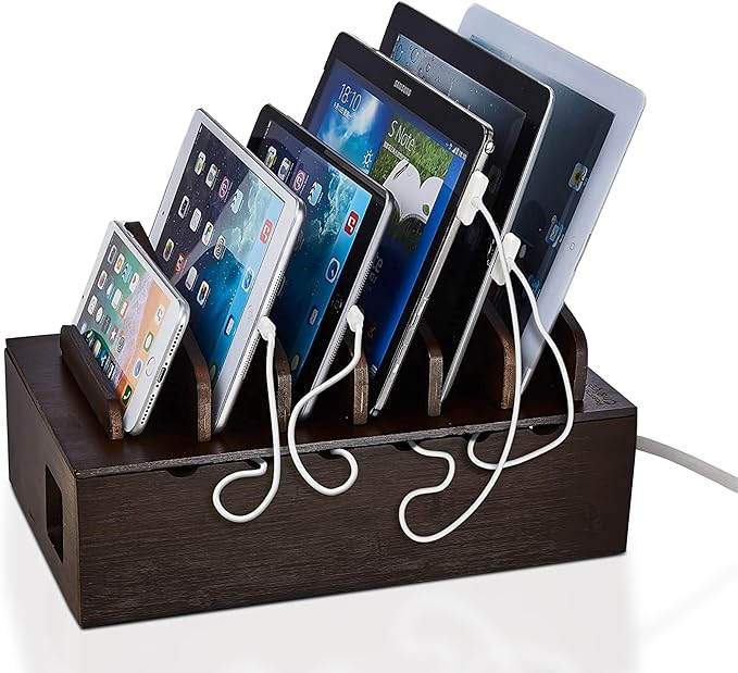 Prosumer's Choice Multi Device Charging Station Wood - Desktop Organizer with Holder for Multiple Phones - Elegant Wooden Desk Accessories - 6 Device Charging Station for Work from Home and Office