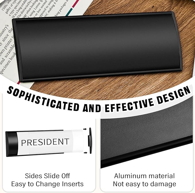 Therwen 12 Pcs Aluminum Office Name Plate Holder for Door Wall Mount 8'' x 3'' Business Sign Holder Office Door Sign Sturdy Curved with Plastic Film and Adhesive Tape (Black)