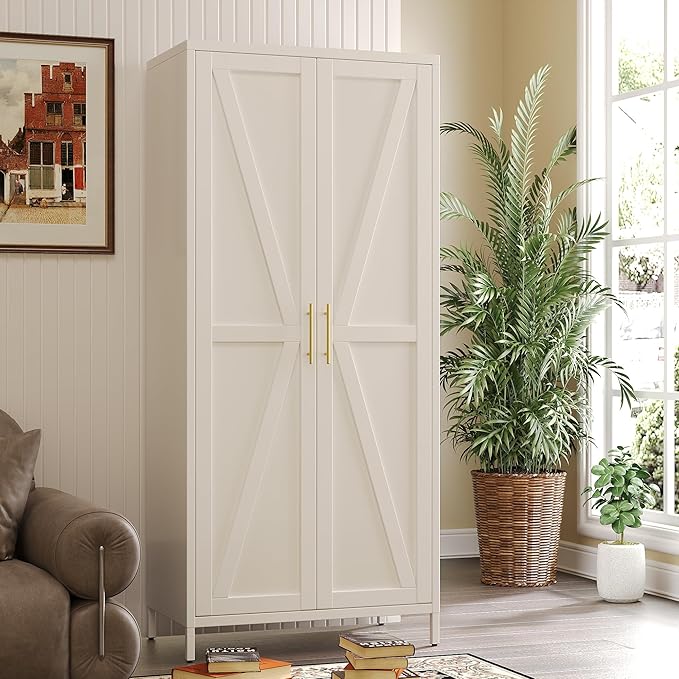 SUPEER Metal Wardrobe Cabinet with Hanging Rod,Metal Wardrobe Closet with Doors and Adjustable Shelves, Armoire Closet Locker for Home,Office,H70.9 X W31.5 X D17.7,Installation Required,White