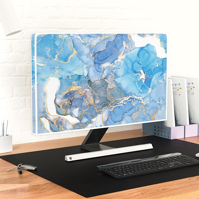 Baocicco Baby Blue Gold Marble Waterproof Screen TV Cover 32 Inch Modern Television Accessories Laptop TV LCD Fashion Weatherproof Screen TV Decorations for Tablet LED LCD OLED TVs