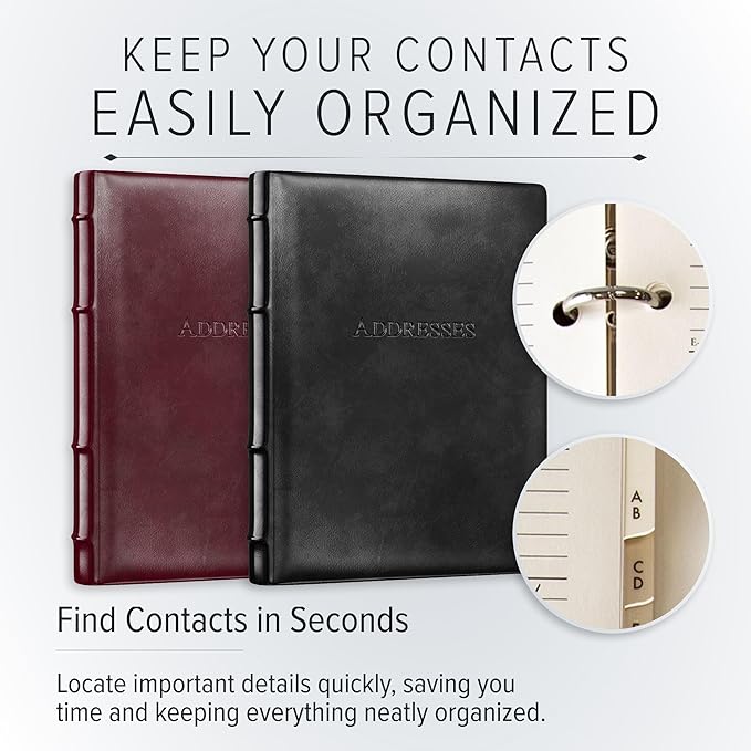 Gallery Leather Large Address Book with Alphabetical Tabs up to 480 Records, Leather Notebook Hardcover, Telephone and Address Books - 9x7, Desk Address, Acadia Black