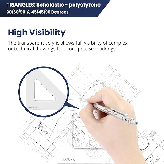 Pacific Arc's Scholastic Triangle - 10 inch - Clear - 30/60 Angle - Plain Edge - Polystyrene - Technical Drawing Tools, Drafting, Architect and Engineering.