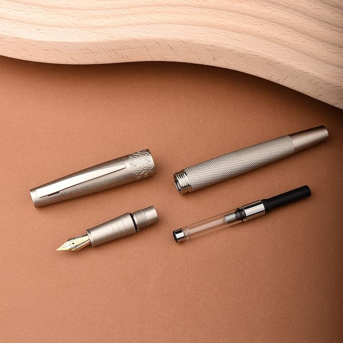 Hongdian 6013 Silver General Fountain Pen, Iridium Gold-silver Fine Nib Solid Metal Writing Pen with Metal Case
