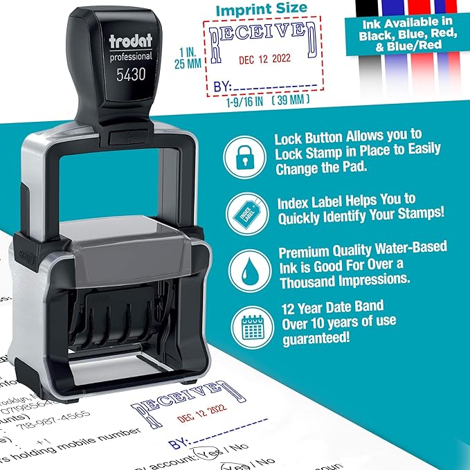 Trodat 5430 Professional Self-Inking Date Stamp with Scanned - Blue/Red 2 Color Ink