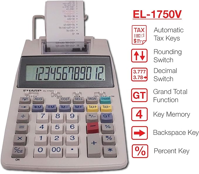 Sharp EL-1750V Two-Color Printing Calculator 2 Lines/Sec 3" Black/Red