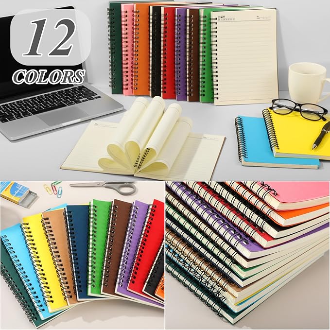 Leelosp 12 Pack Small Spiral Notebook 5 x 7 Inch Lined College Ruled Spiral Journal Wire Bound Notebook Kraft Cover, 120 Pages for Work Students Office Business (Rainbow)