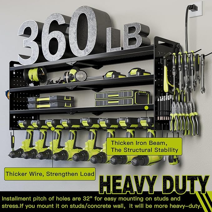 NattyDot Power Tool Organizer Wall Mount with Charging Station,Cordless Tool Organizer 8 Drill Holder, 4 Layer Storage Rack for Garage Organization,Tool Holder with 8 Outlet Power Strip (Black)