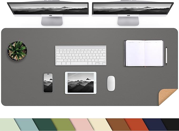 Leather Desk pad Protector, Large Desk mat with Natural Cork & PU Leather,Mouse pad,Non-Slip Office Desk Mat,Waterproof Desk Writing Pad for Office and Home (47in*23.7in,Dark Grey)