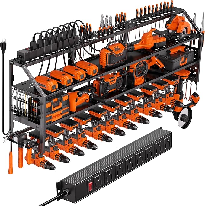 YFFSRJDJ Extra Large Power Tool Organizer Wall Mount with Charging Station, 12 Drill Holders Heavy Duty with 8-Outlet Power Strip, Garage Cordless Drill Storage and Organization, Battery Utility Rack