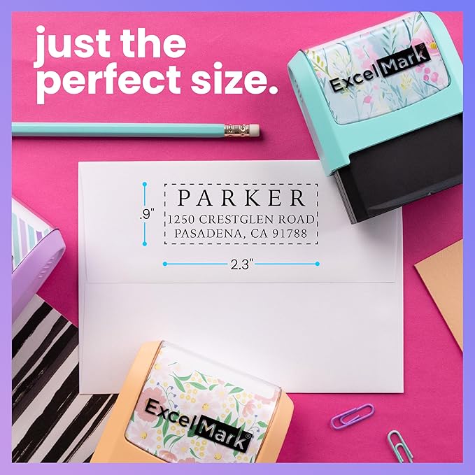 ExcelMark Address Stamp - Custom Return Address Stamp with Elegant Designs, Vibrant Colors & Patterns – Perfect for Mail, Invitations & Gifts (Peach Mount, Simple Classic)