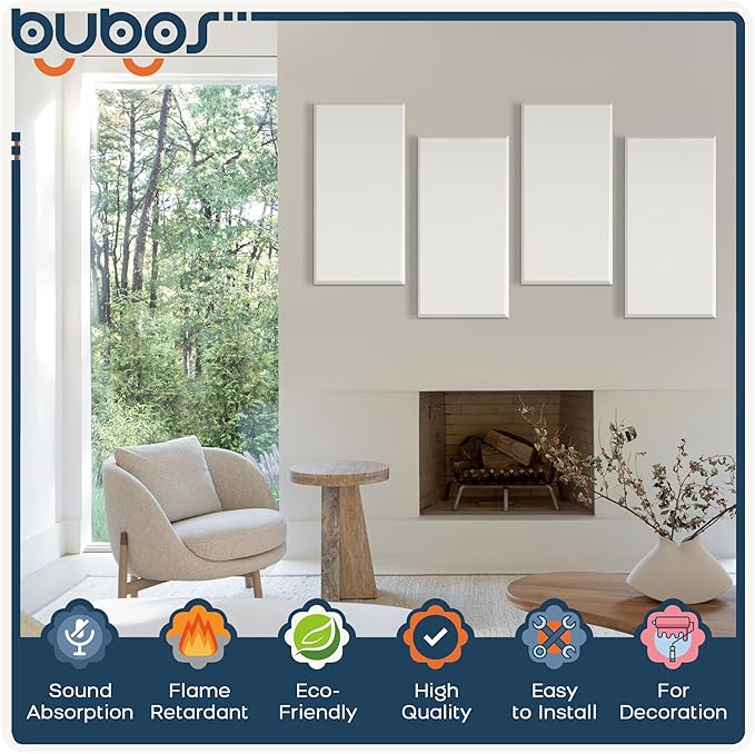 BUBOS 4 PCS Acoustic Panels,23.6''x11.8'' Fabric Soundproof Wall Panels,Self-adhesive Sound Absorbing Panels for Studios, Office, Home Theater, Fabric-Clad Off-White