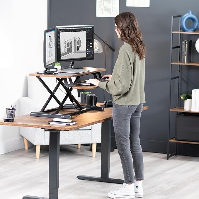 VIVO 36 inch Desk Converter, K Series, Height Adjustable Sit to Stand Riser, Dual Monitor and Laptop Workstation with Wide Keyboard Tray, Rustic Vintage Brown Top, Black Frame, DESK-V036KN