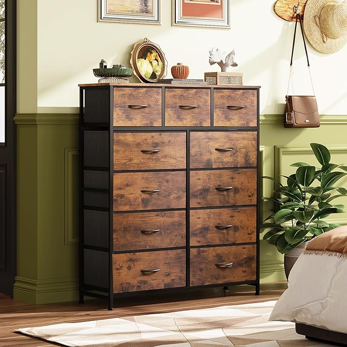 WLIVE Tall Dresser for Bedroom, Fabric Dressers Storage Tower, Dresser & Chest of Drawers Organizer Unit with 11 Drawers, Storage Cabinet, Hallway, Closets, Steel Frame, Wood Top, Rustic Brown