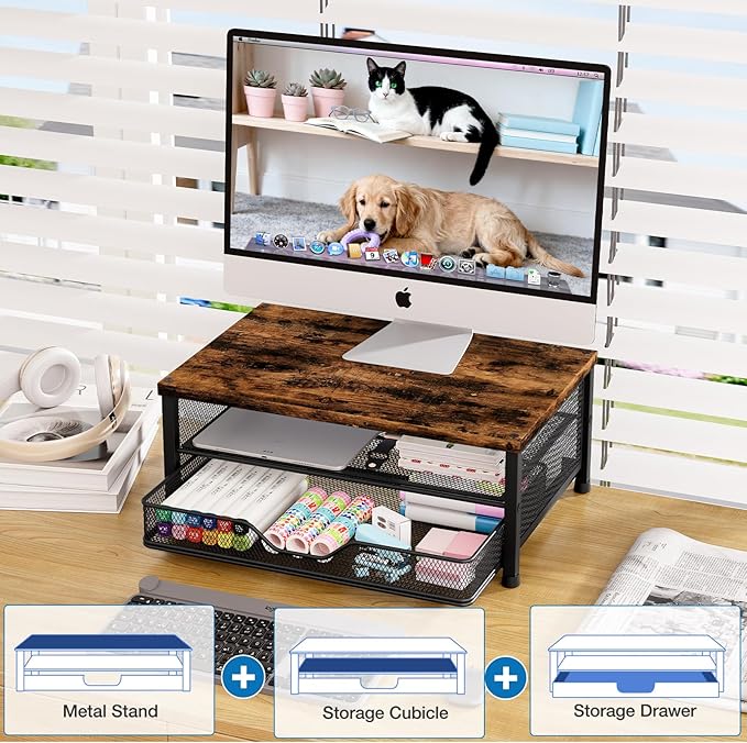 OPNICE Wood Computer Monitor Stand Riser, Desk Organizer with Drawer, Laptop Stand, Office Desk Accessories & Workspace Desktop Organizers Storage for Office Supplies(Brown)