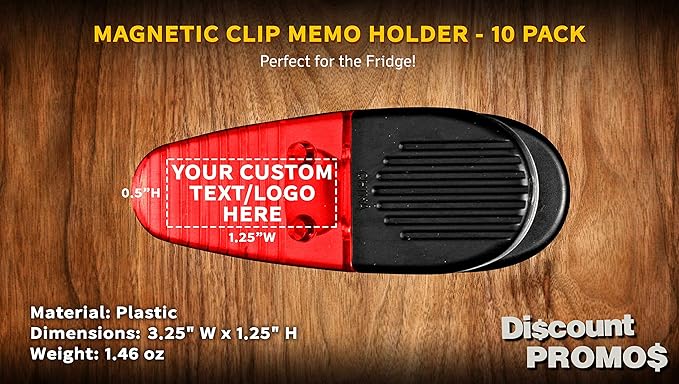 10 Magnetic Memo Holders Set - Customizable Text, Logo - Large Clip, Plastic - TRed