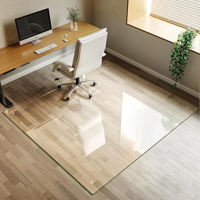 Koonmi Tempered Glass Chair Mat for Hardwood Floors & Carpets, 55" x 55“ Transparent Heavy Duty Office Floor Protector with Noise-Free Gliding Shatterproof for Home Office Desk