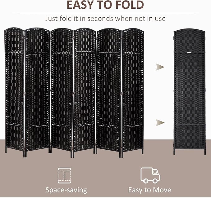 HOMCOM Room Divider, 6 Panel Folding Privacy Screen, 6FT Tall Portable Wicker Weave Partition Wall Divider for Bedroom, Home Office, Black