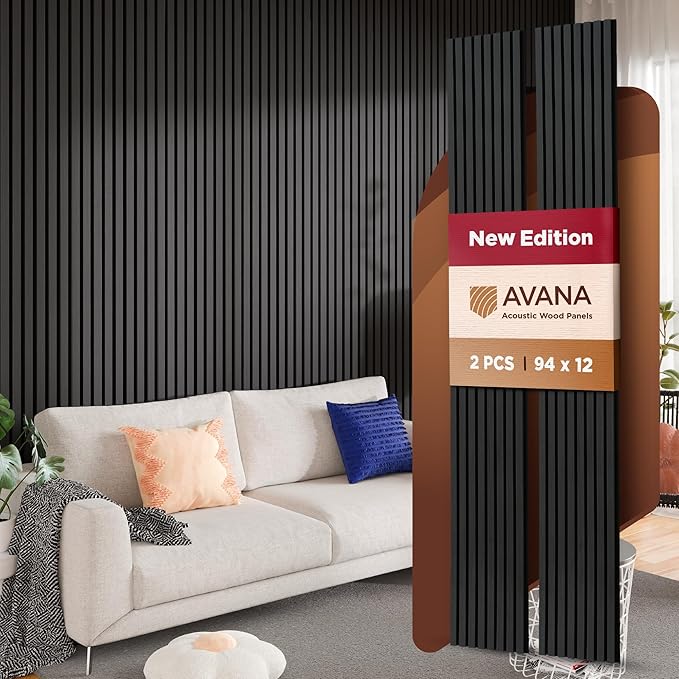 Avana Acoustic Wood Wall Panels – 94.4 x 12.6 Inch Black Oak Acoustic Panels 2 PCs – Wall Panels For Interior Wall Decor For Homes, Offices, Studios – Pleasing Decorative Wood Panels For Wall