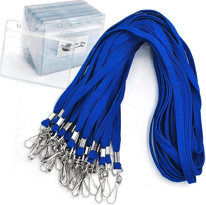 Name Tags Blue Lanyards/Badge Holder Pairs Woven Round Lanyard & Horizontal Sealable Waterproof Clear Plastic ID Card Lanyards with id Holder Name Badges (Blue, 50 Pack)