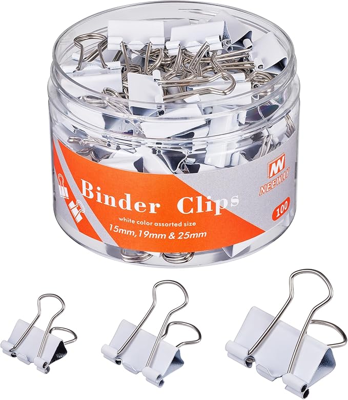 NEEWAY Binder Clips Assorted Sizes, White Binder Clips Set for Office and Home Use - Pack of 100