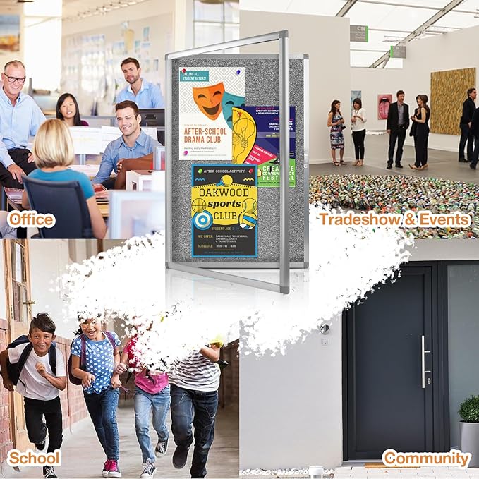Enclosed Bulletin Board,Outdoor Weatherproof, Display Case Message Board with Acrylic Locking Door, Felt Grey,Aluminum Frame,36x24 Inch (5xA4)