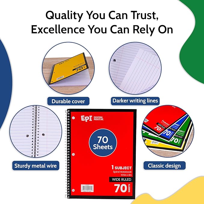 EPI Spiral Notebook | Wide - 70 Sheets, Durable Spiral Binding | 10.5 x 8 in | Classroom Supplies | School, Office, Note Taking, Journaling - 6 Pack
