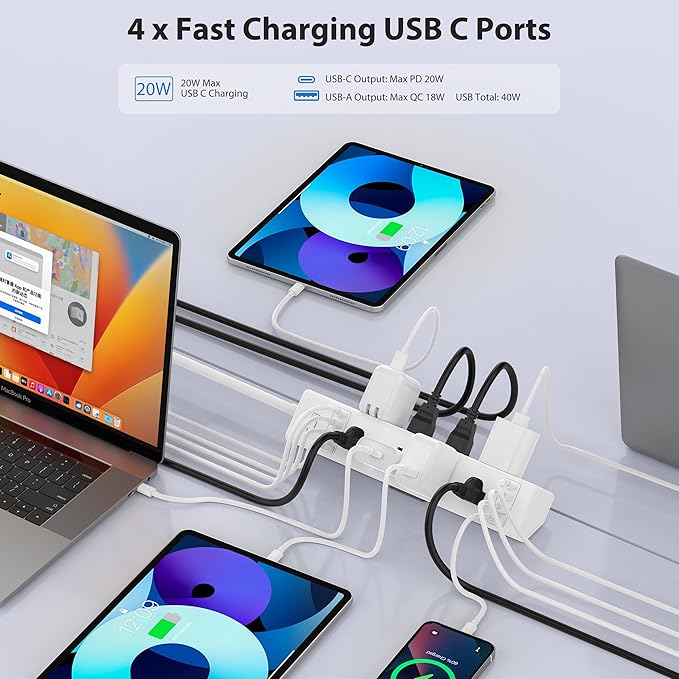 40W Fast Charging Station,Desk Clamp Power Strip 20W USB C,8 Outlets,8 USB Ports,4 USB C 4 USB A,Nightstand Edge Mount Surge Protector, 14AWG Cord, Fits 1.9" Tabletop Edge for Office,Home Furniture