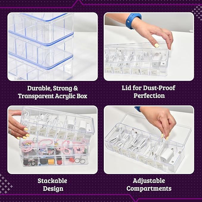 Set of 3 Cable Organizer Box W/Labels - Charger Box, Stackable W/Lids-Cord Organizer Junk Drawer- Cord Storage Box for Desk -Cable Organizer case