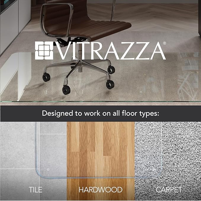 Vitrazza Glass Chair Mat 42” x 48” Superior ¼ Thick, Chiaro Standard Clear, Certified Tempered Safety Glass, Delivers a Smooth Glide, Protects Carpet or Wood, Beautiful in Home or Office.