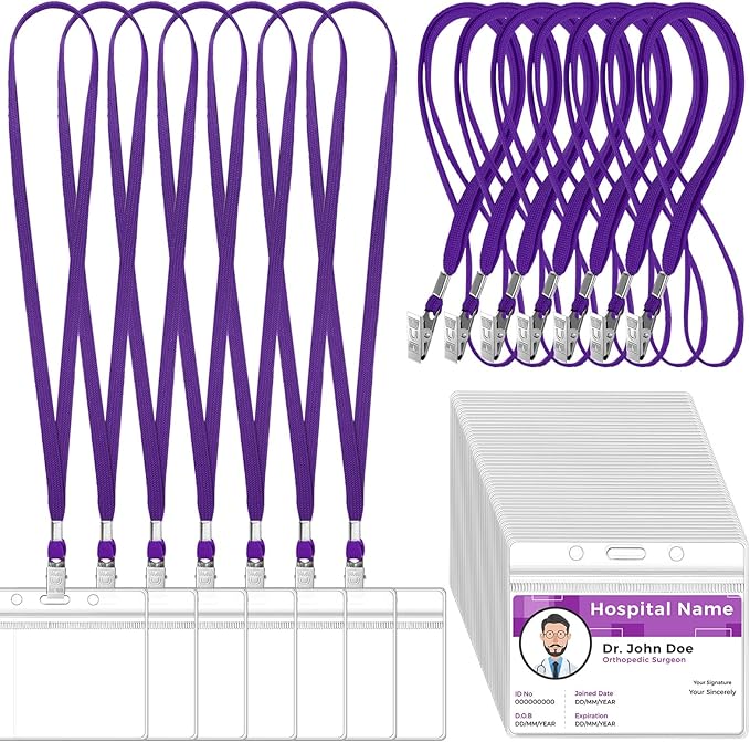 Marspark 50 Sets Clear Name Tags with Lanyard, Lanyards for ID Badges Reusable Strap with ID Holder Plastic Name Badges for Adults Business School Church Conference (Purple)