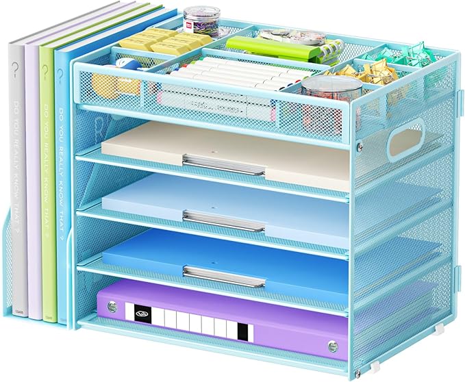 Marbrasse 5-Tier Desk Organizer with File Holder,Paper Letter Tray Organizer,Desktop File Organizer with Adjustable Compartments,Mesh Desk Organizers and Accessories for Office Supplies,Blue