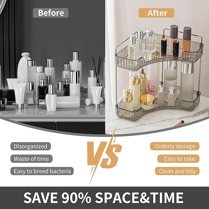 YCIA&DONE Corner Bathroom Counter Organizer, Makeup Organizer for Vanity, Skincare Cosmetic Perfume Tray, Corner Countertop Shelf Rack Storage for Bathroom Kitchen 1 Tier (Smoky Gray)