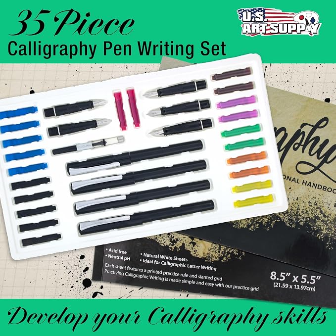 U.S. Art Supply 35-Piece Calligraphy Pen Set - 4 Pens, 5 Nibs, 22 Inks, Includes Calligraphy Pens for Writing, Beginners Handbook & Practice Paper Pad